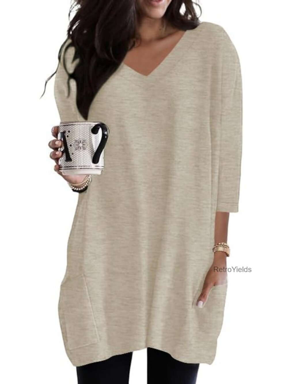 Womens 3/4 Length Sleeve Tunic Top with Pockets Loose Fit